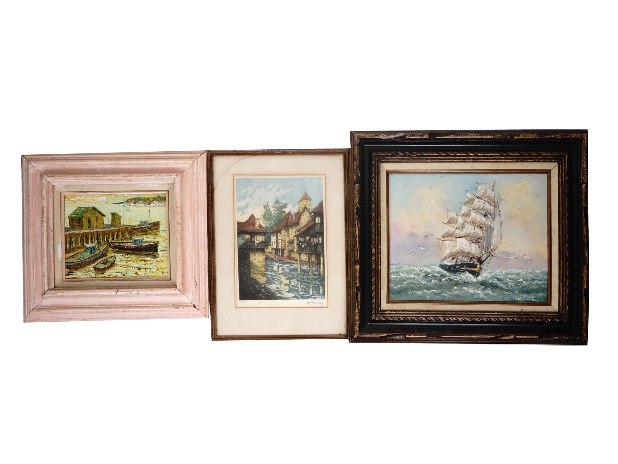 VINTAGE OIL MARINE PAINTINGS AND COLOR LITHOGRAPH PIC-0